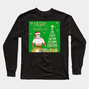 Cute Little Christmas Sloth wearing an ugly Christmas Sweater and Hat Long Sleeve T-Shirt